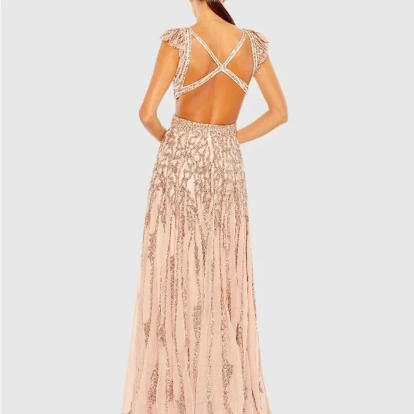 Mac Duggal 5682 NWT Sequined Flutter Cap Sleeve Cut Out A Line Gown